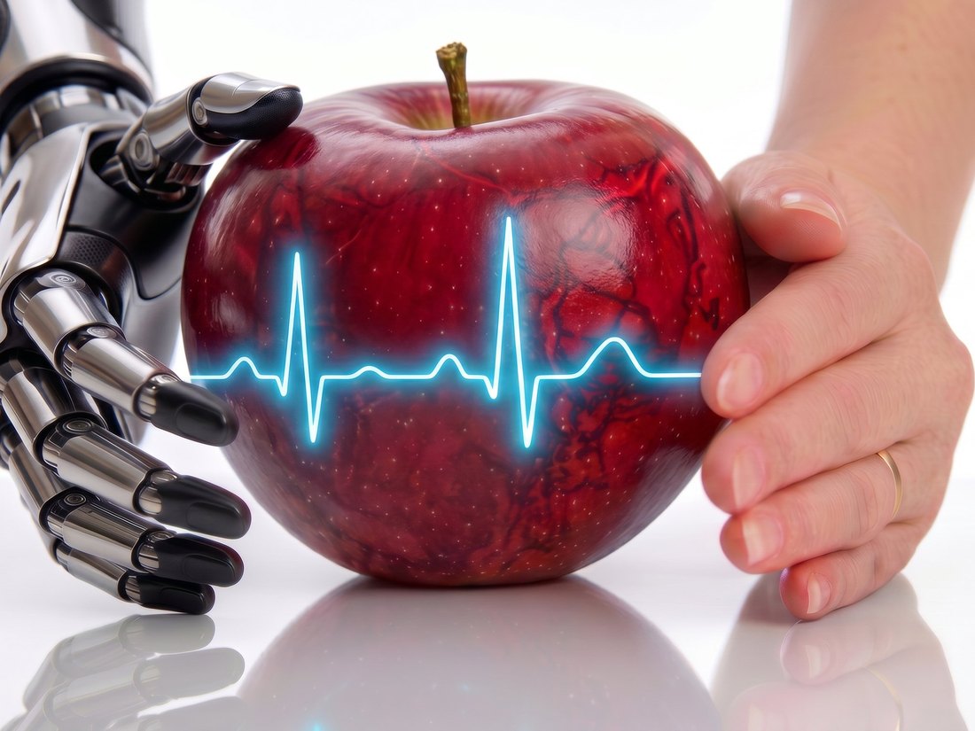 Una mano robótica y una mano humana sostienen una manzana con un trazado de electrocardiograma: nutrición, corazón e inteligencia artificial
