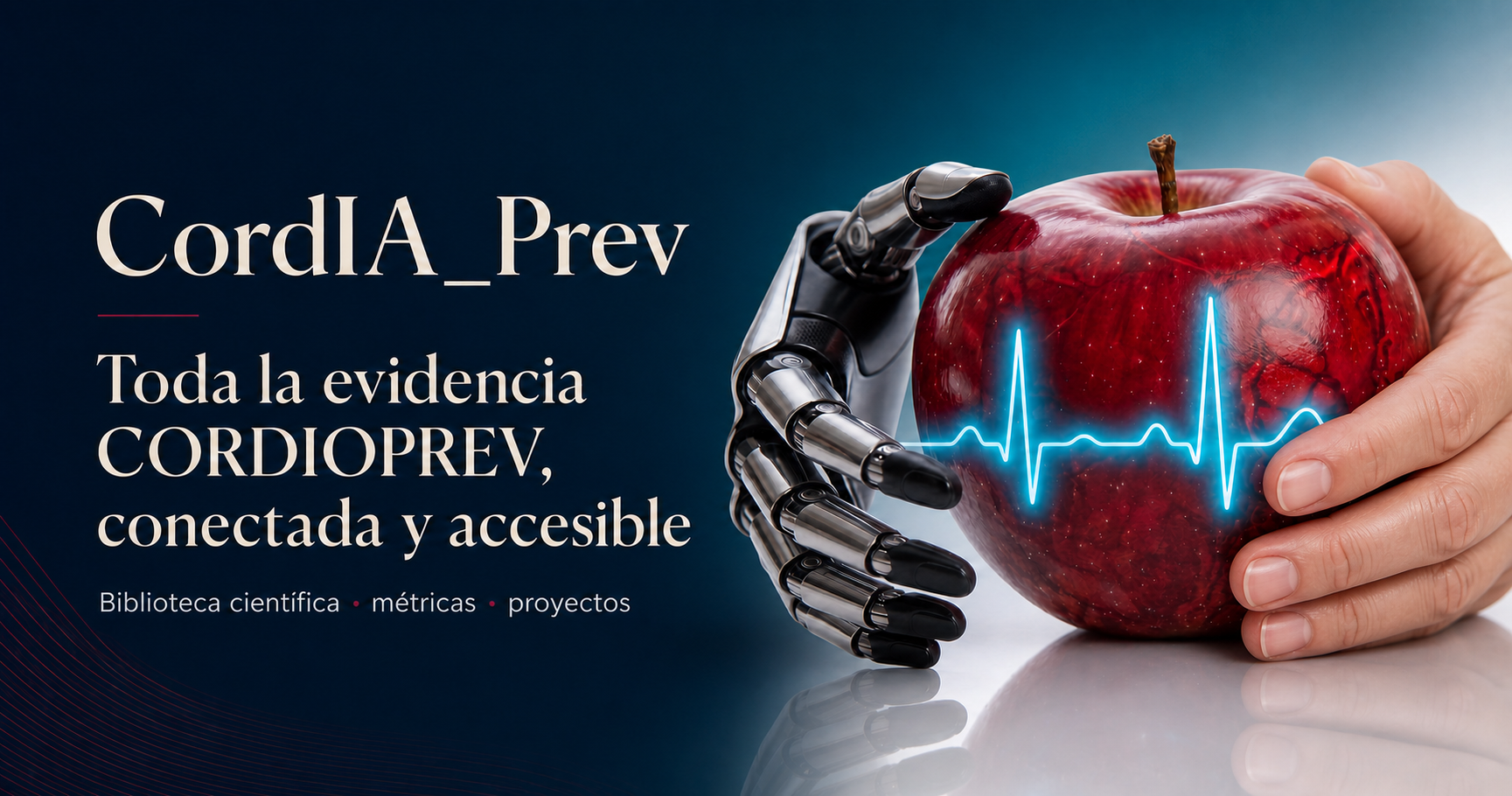 CordIA_Prev: toda la evidencia CORDIOPREV, conectada y accesible, junto a una manzana con trazado cardiaco